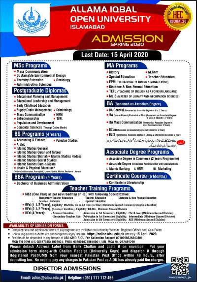 AIOU BA Admission Spring 2020 Last Date