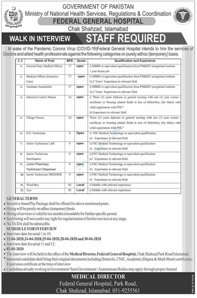 Federal General Hospital Islamabad Jobs 2020