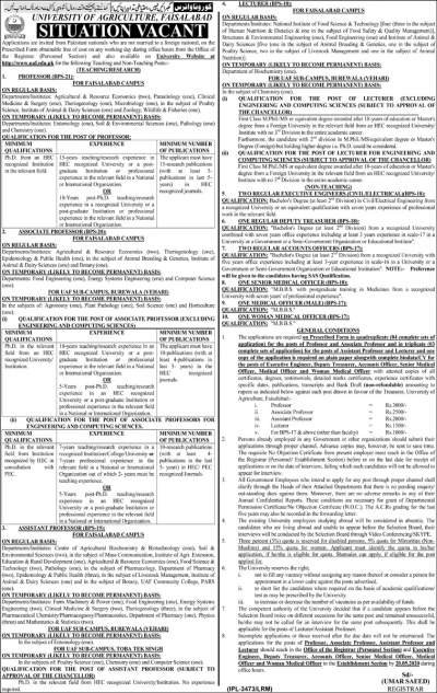 University of Agriculture Faisalabad UAF Jobs 2020 Online Form