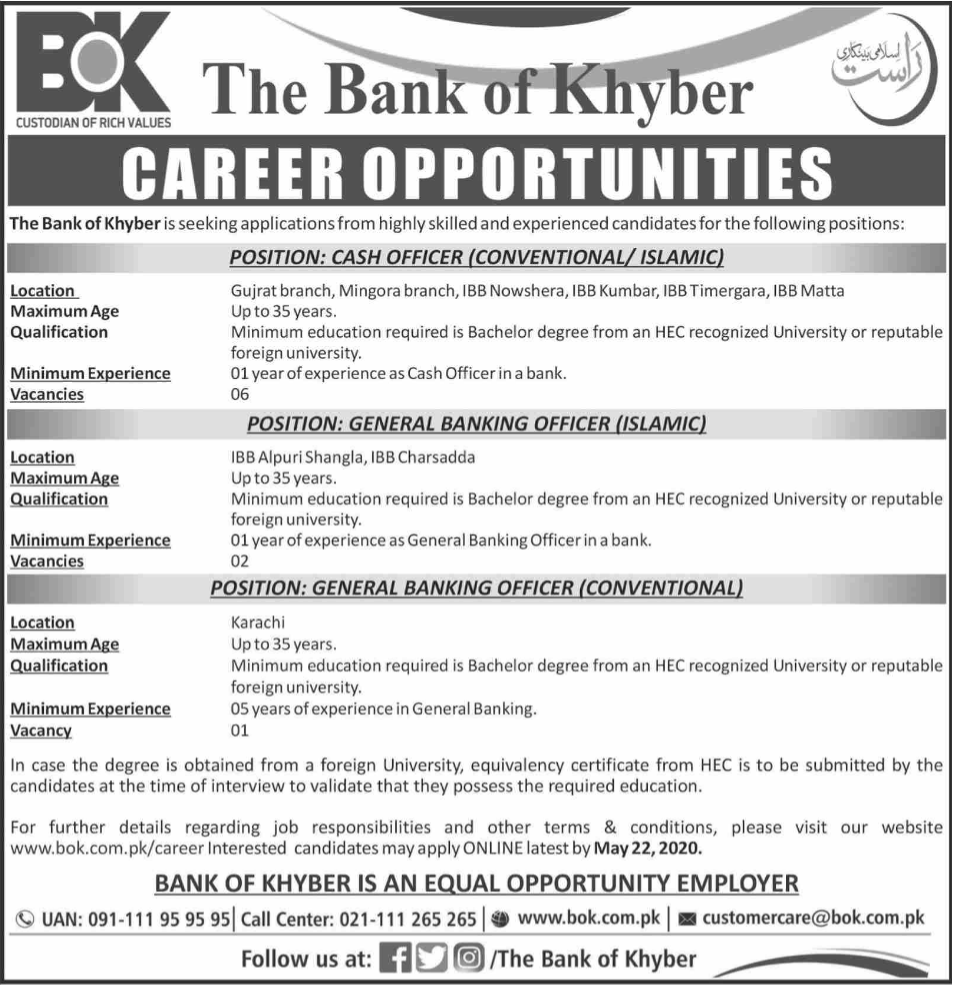 The Bank of Khyber BOK Jobs 2020 Latest Career Opportunities