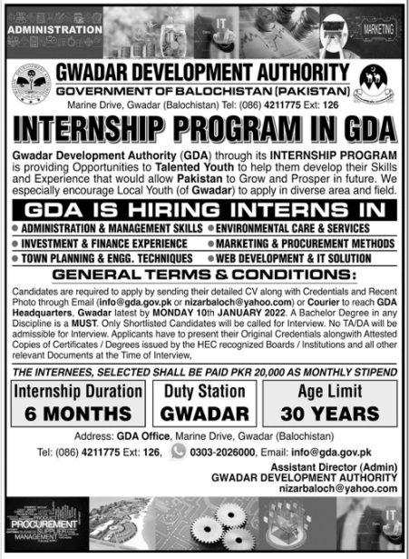 Internship Program in GDA 2022 Gwadar Development Authority