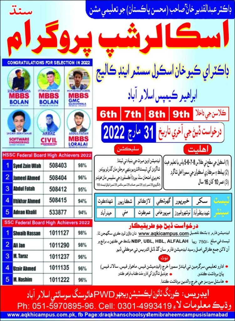 Scholarship program 2022 for Sindh-Balochistan and GB-Dr AQ Khan School System