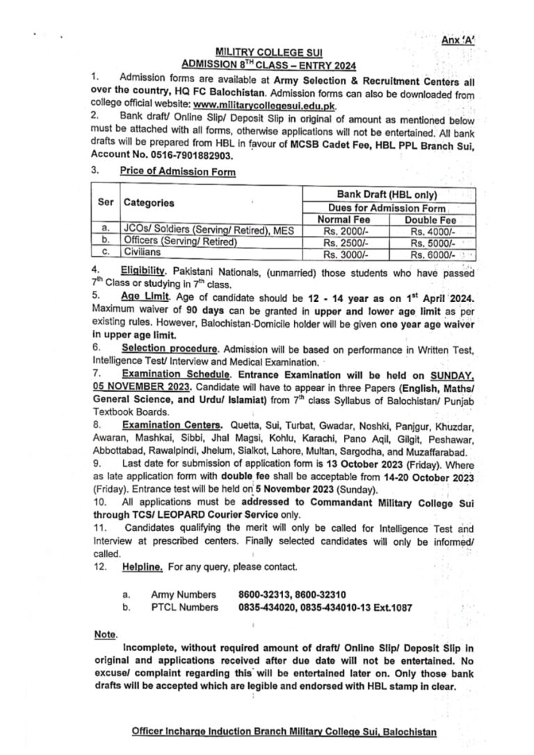 Military College Sui 8th Class Admission 2024